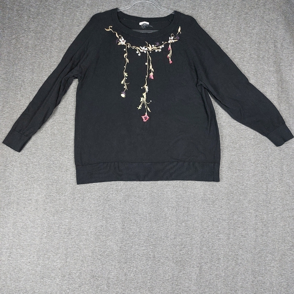 ST. JOHN'S BAY WOMENS BLACK FLORAL EMBROIDERED LONG SLEEVE PULLOVER SWEATER XL